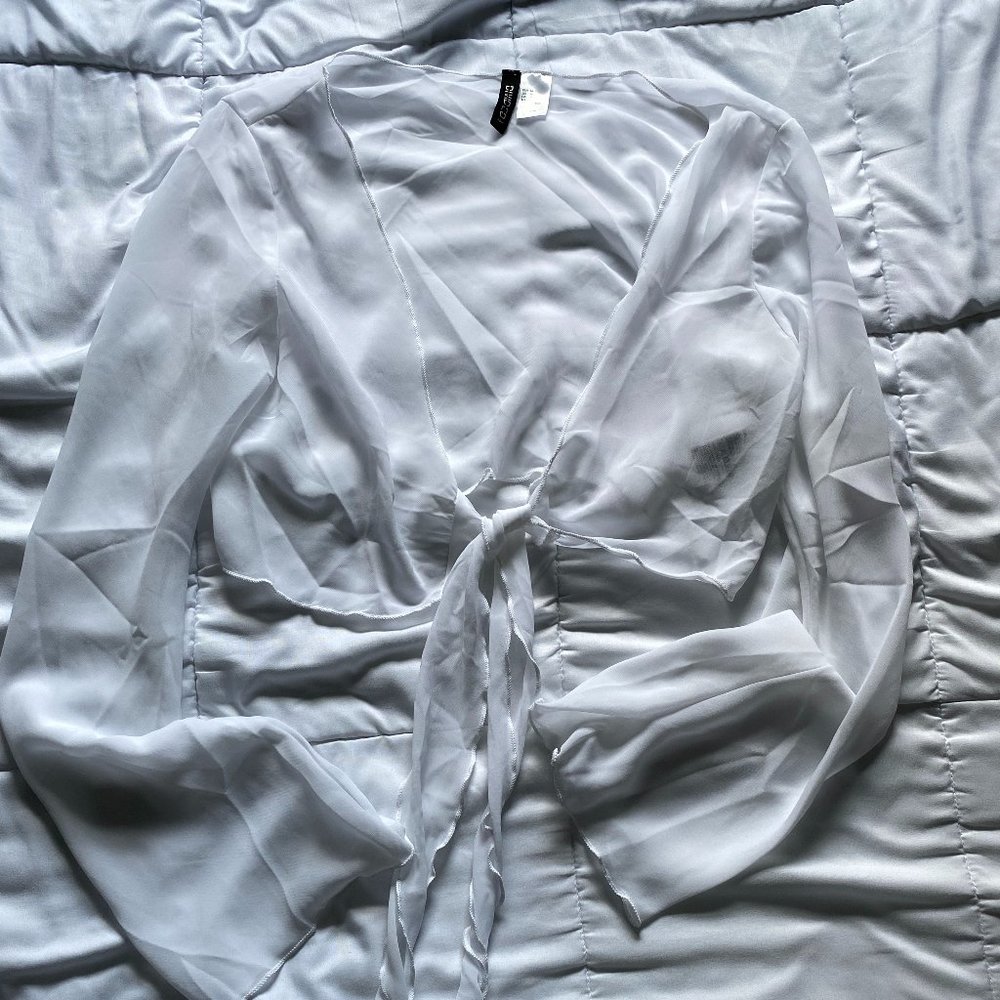 White Sheer Bell Sleeve Tie Front Top